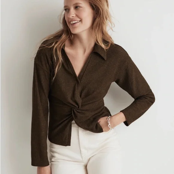 Madewell Olive Green Twist-Front Long-Sleeve Top Size Small | Minimalist - Picture 5 of 7